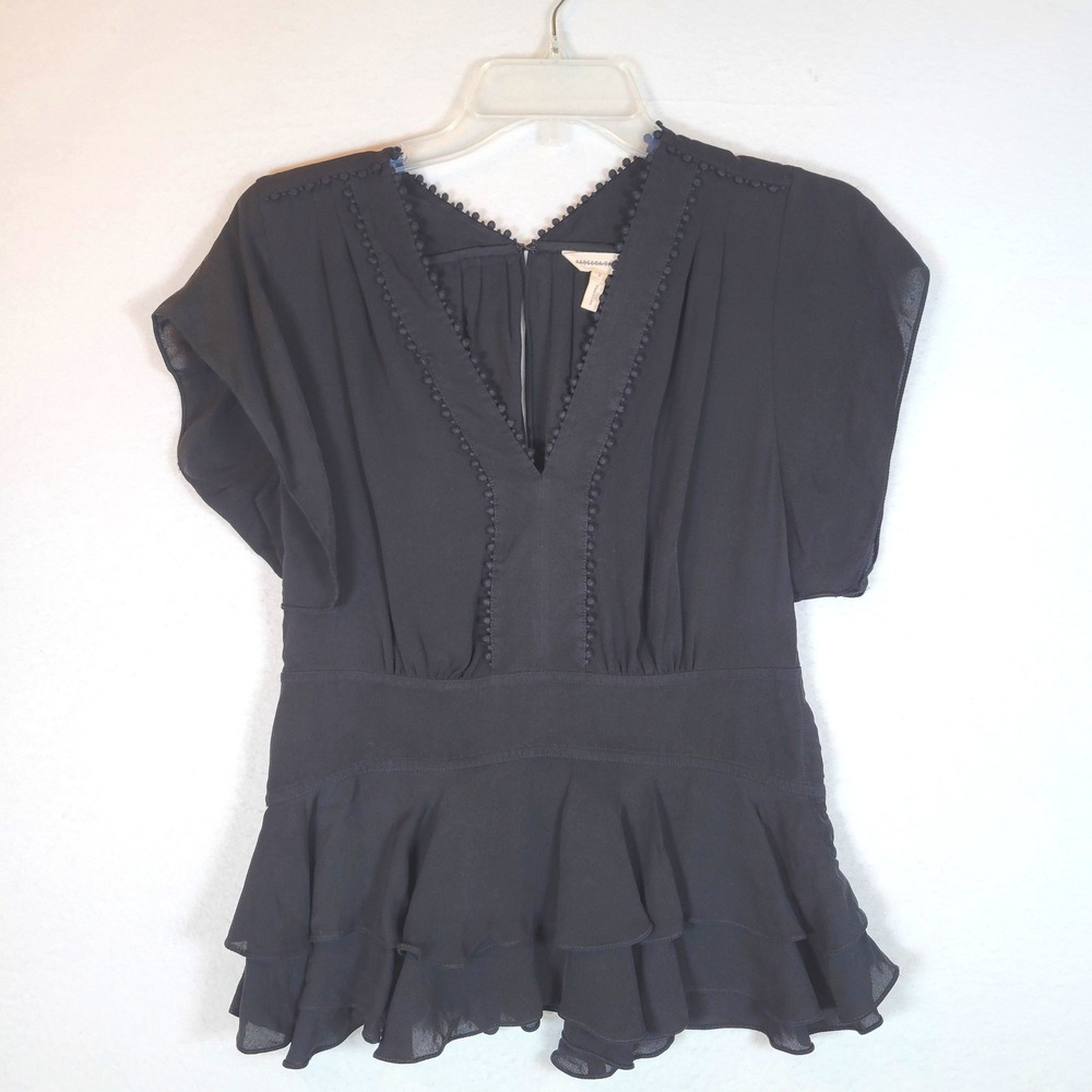 Rebecca Taylor Womens Silk Lace Peplum Keyhole Blouse Size 2 Black Romantic